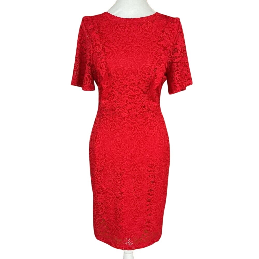 NWT Red Lace Overlay Stretch Bodycon Sheath Flutter Sleeve F&F Pinup Holiday